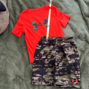 Under Armour swim set, bright orange and green camo, size 4T
